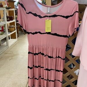Women's Pink Midi Dress with Black Stripe Detail